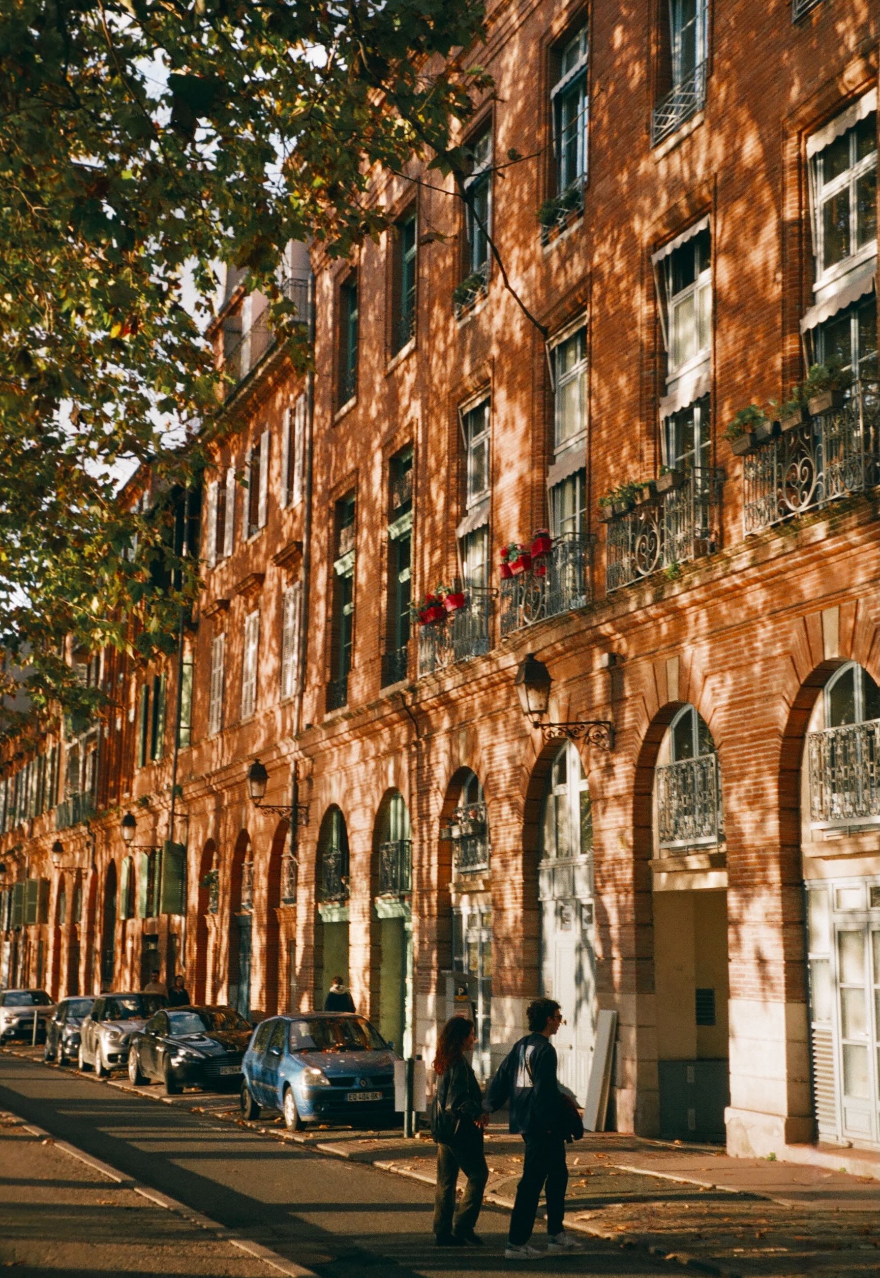 Sunlight and leafy shadows falling across red-brick buildings and a sidewalk in toulouse.